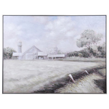 Muted Scenic Farmhouse Framed Oil Painting Print on Canvas