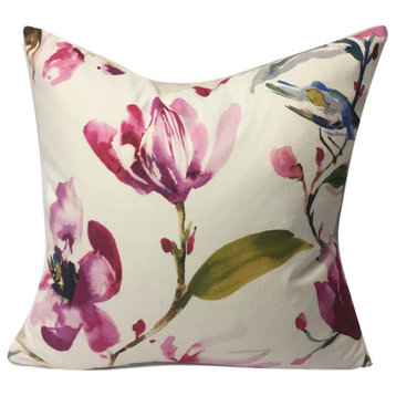 Watercolor Flowers and Bird Motif PIllow, Magenta, 18", Without Insert