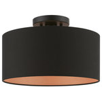Livex Lighting - Sentosa 1 Light Black Medium Semi-Flush - The Sentosa collection has a modern and retro appeal. The hand-crafted black fabric hardback shade is set off by the silky orange fabric on the inside creating an intriguing effect. The one light drum shade adds character to this handsomely styled semi flush.  Perfect fit for the hallway, bathroom, kitchen and small bedroom. This sleek design is shown in a black finish.