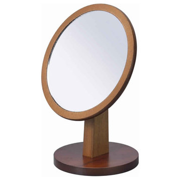Wooden Makeup Round Mirror With Pedestal Base, Brown And Silver
