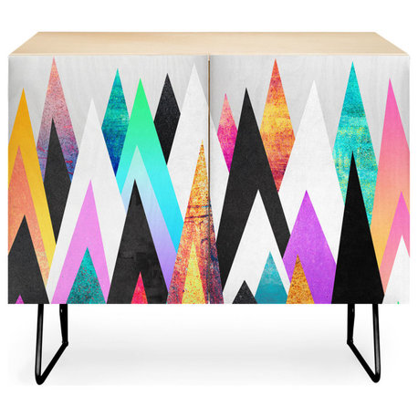 Deny Designs Colorful Peaks Credenza, Birch, Black Steel Legs