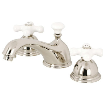 Traditional Bathroom Faucet, Widespread & Cross White Handles, Polished Nickel