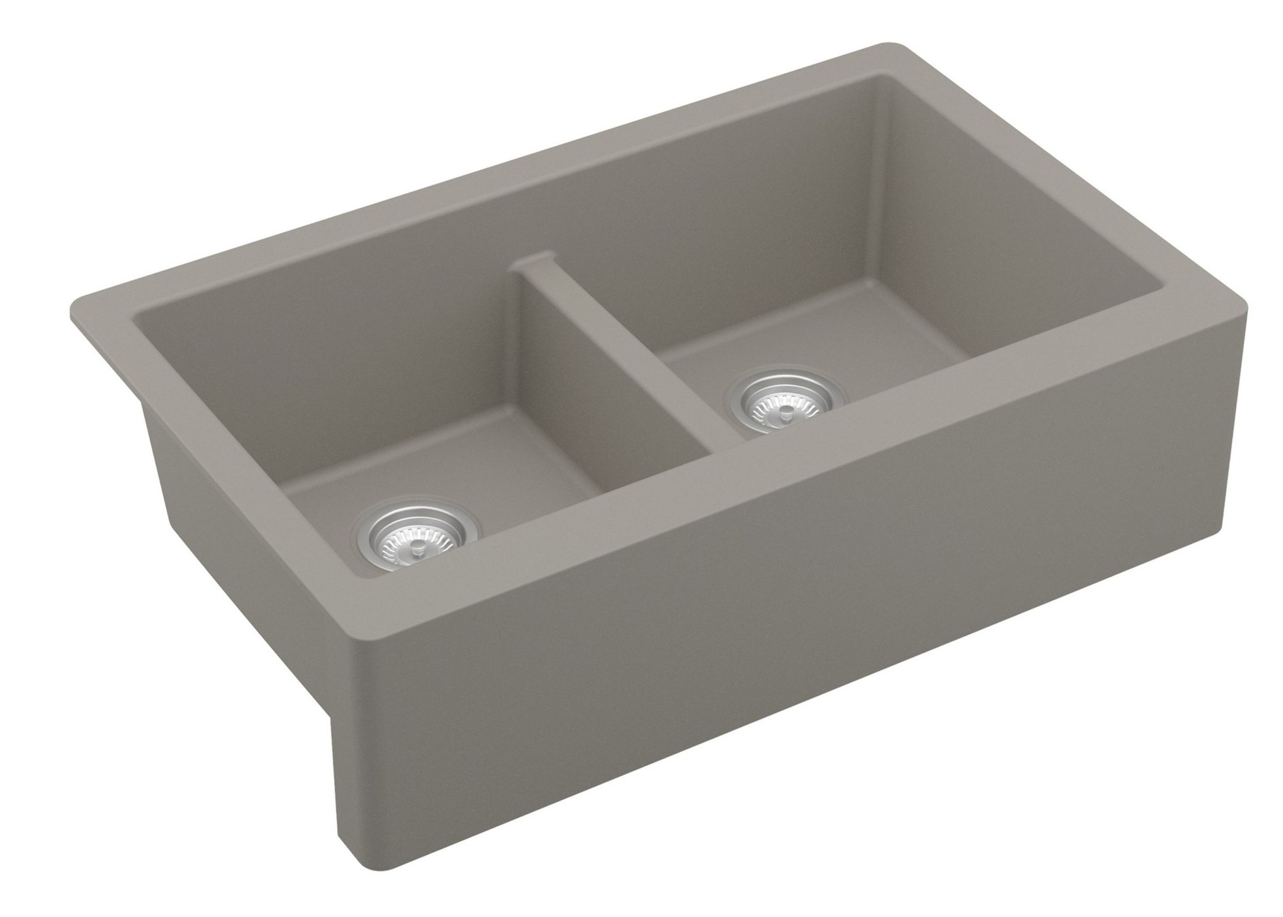 Karran Farmhouse Apron Front Quartz 34" Double Bowl Kitchen Sink, Concrete