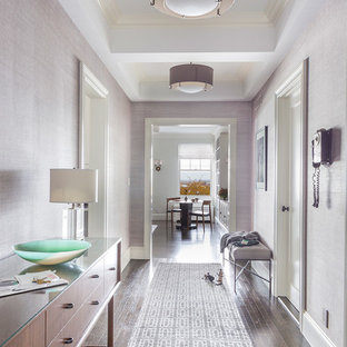 Idéer för en klassisk hall, med lila väggar och mellanmörkt trägolv