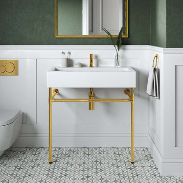 Sink Vanity, Wall Mount, White Gold, Ceramic, Stainless, Modern, Bathroom