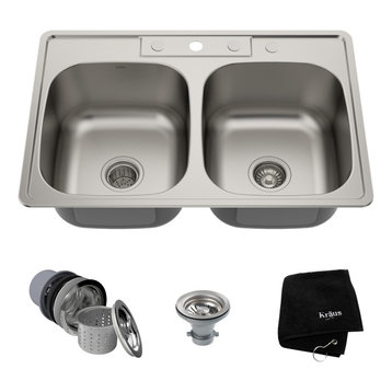33" Drop-In Topmount Stainless Steel 2-Bowl 18 Gauge Kitchen Sink, 50/50 split