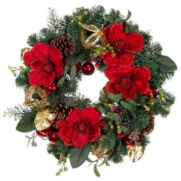 24" Lighted Christmas Wreath, Red Magnolia