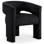 Meridian Furniture - Riz Upholstered Chair, Black, Microsuede Corduroy - The Riz black corduroy upholstered accent chair offers a modern twist on classic comfort. Crafted from soft, textured corduroy, this chair invites you to relax in style while its curved barrel design brings a touch of elegance to any room. The wide ribbed fabric enhances both the aesthetic and tactile appeal, making it the perfect blend of sophistication and cozy charm.