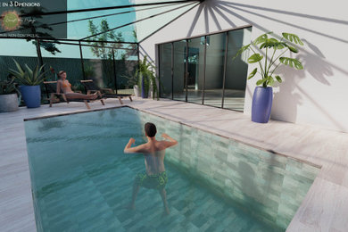 Inspiration pour une piscine naturelle minimaliste rectangle avec du carrelage.