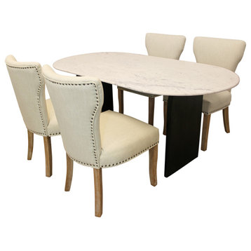 Lavaca 5-Piece Dining Set, 72" Oval Dining Table and 2 Sets of Ivory Chairs