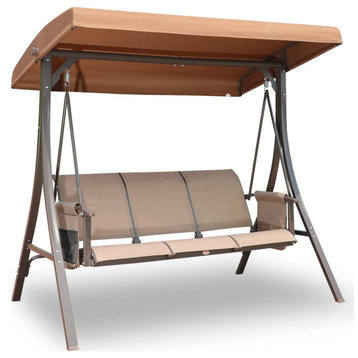 Modern Patio Swing, Metal Frame With 3 Person Seat and Adjustable Canopy, Brown