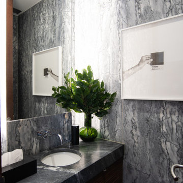 Bathroom Vanity with Dark Stone Counter, Aroeira