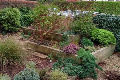 Modern front partial sun garden in Other with a garden path and decking.