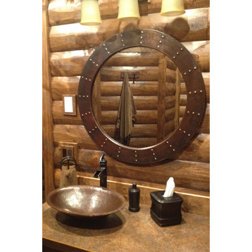 34" Hand Hammered Round Copper Mirror with Hand Forged Rivets