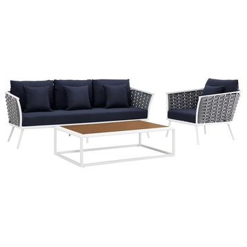 Stance 3 Piece Outdoor Patio Aluminum Sectional Sofa Set, White Navy