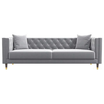Clark Mid-Century Modern Luxury Tufted Velvet Sofa, Light Grey