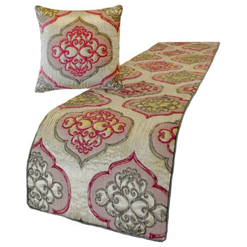 Designer Pink Jacquard Twin 53"x18" Bed Runner, Quilted and Damask Emre