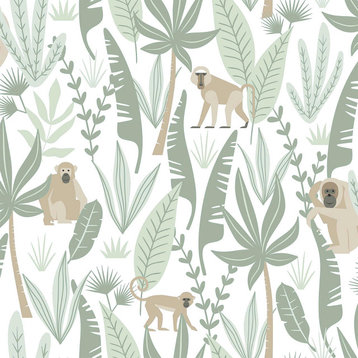 Kiki Light Green Monkeys Wallpaper, Swatch