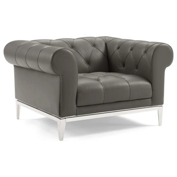 Cecilia Grey Tufted Button Upholstered Leather Chesterfield Armchair