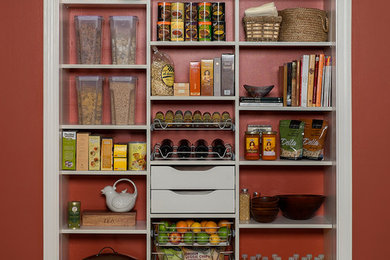 Inspiration for a timeless kitchen pantry remodel in Other with open cabinets and white cabinets
