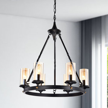 6-Light Antique Black Industrial Wheel Chandelier With Clear Amber Glass Shades