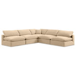 Meridian Furniture - Comfy Upholstered L-Shaped Modular Sectional, Beige, 5-Piece: 4 Armless Chair, 1 Corner Chair, Velvet - Give your space a whole new look with this beige Comfy velvet sectional. This handsome sectional fits nicely with other items in the Comfy collection and is a versatile seating option designed for adaptability, comfort and style. Wrapped in rich beige durable velvet upholstery, this sectional offers a plush embrace of overstuffed down feather cushions, carefully crafted to deliver the highest level of comfort. The perfect seat for creating an oasis for relaxation, this sectional has thick foam surrounding its frame for added support and coziness.