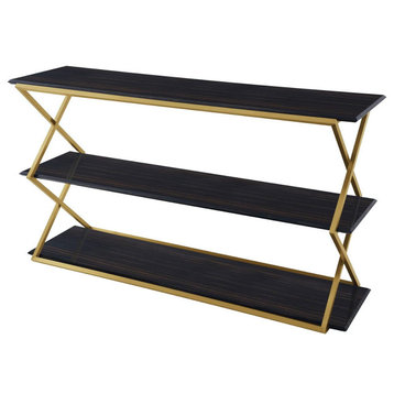 Unique Console Table, Metal Base With X-Sides & 3 Tiers, Dark Brown/Gold