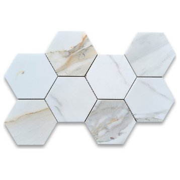 5" Hexagon Calacatta Marble Honed Venato Calacatta Gold Wall Floor Tile, 1 Sheet