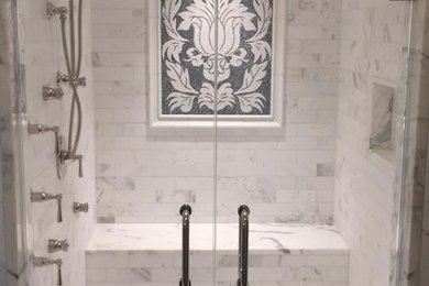 Photo of an expansive traditional master bathroom in Baltimore with stone tile, an alcove shower, gray tile, white tile and white walls.