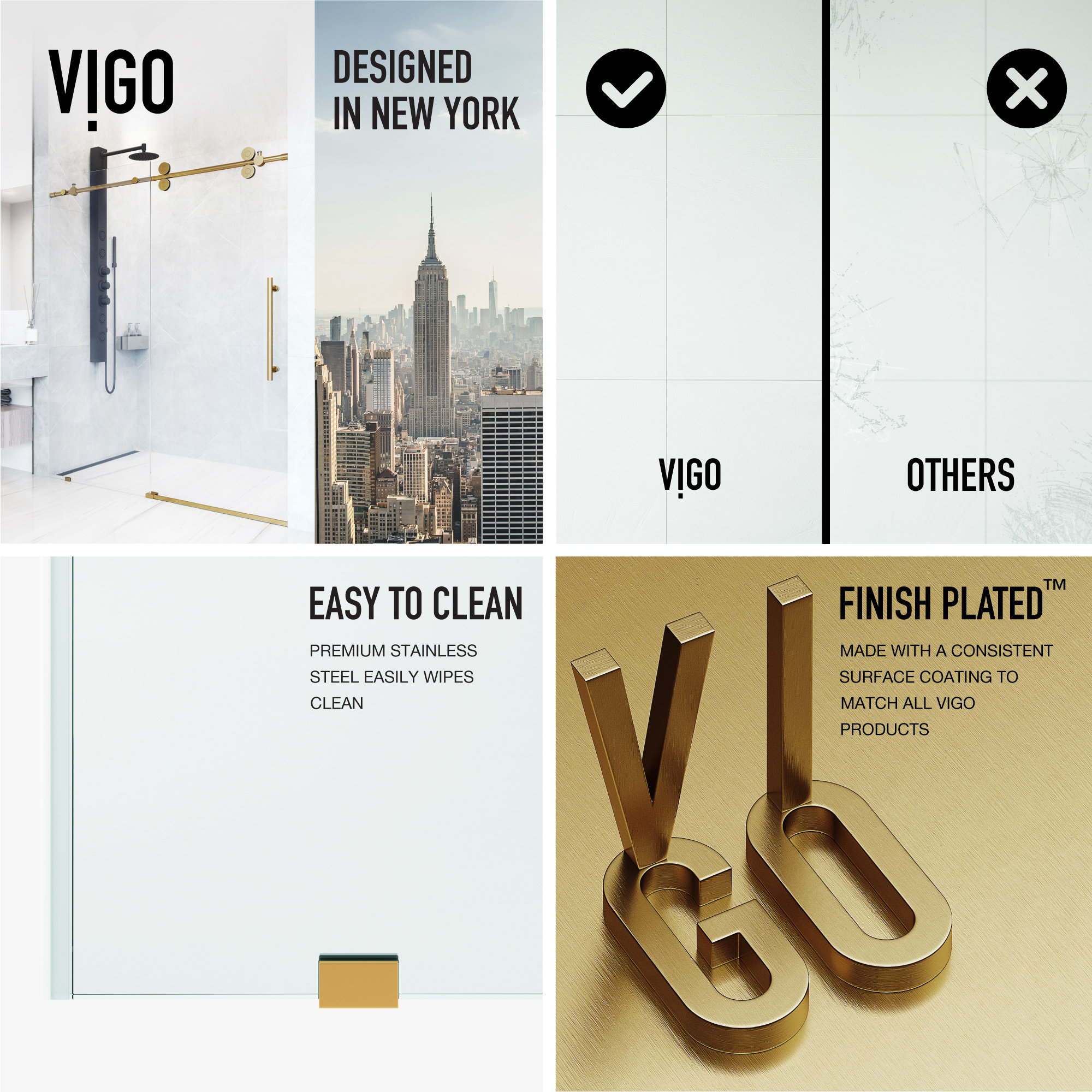 VIGO Elan 60" to 64" W x 74" H Frameless Sliding Shower Door, Matte Gold, Clear Glass
