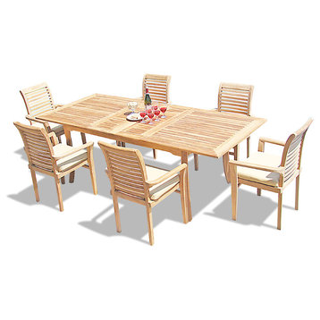7-Piece Outdoor Teak Dining Set: 94" Rectangle Table, 6 Mas Stacking Arm Chairs