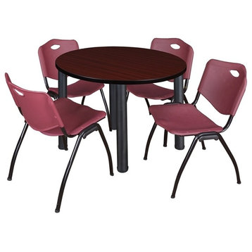 Kee 36" Round Breakroom Table, Mahogany/Black and 4 "M" Stack Chairs, Burgundy