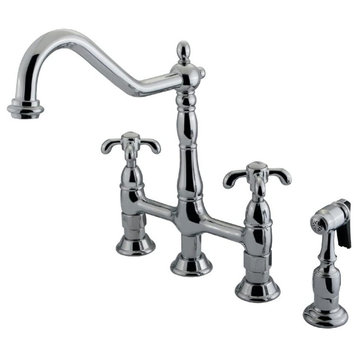 French Country Kitchen Bridge Faucet, 2 Levers & Side Sprayer, Polished Chrome