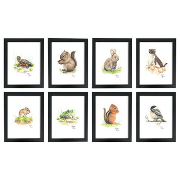 "Woodland Tinies", Set of 8 Framed Prints, Black, 16"x20"