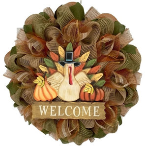 Wood Thanksgiving Turkey With Welcome Sign Burlap Deco Mesh Wreath Handmade