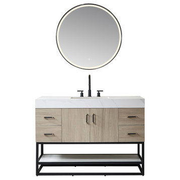 Toledo Vanity, White Stone Sink Top, Light Walnut, 48", With Mirror