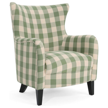 Farmhouse Accent Chair, Checkerboard Patterned Upholstery With Wingback, Green
