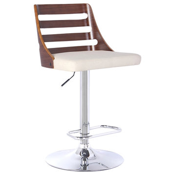 Soles Barstool, Chrome Finish With Walnut wWood and Cream Faux Leather