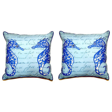 Pair of Betsy Drake Blue Sea Horses Small Pillows 12 Inch X 12 Inch