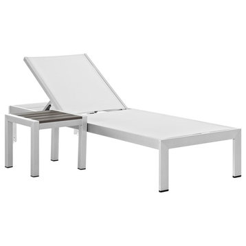 Modern Outdoor Patio Chaise Lounge Chair and Side Table set, White, Aluminum