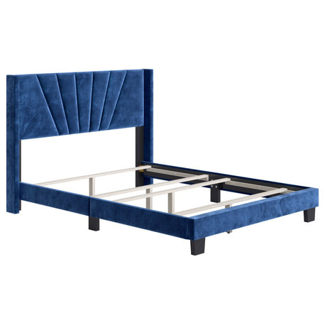 Contemporary Platform Bed, Velvet Fabric & Unique Tufted Headboard, Blue, Queen