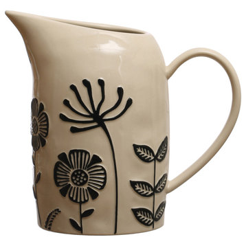8.75" 62-Ounce Hand-Painted Stoneware Pitcher, Embossed Flowers, Cream, Black