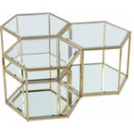 Meridian Furniture - Sei Glass Top Coffee Table With Mirrored Base, Gold, 3-Piece - This SEI coffee table three-piece set puts you in complete control of the look of your space. Use a single table for a small space, or put together two or more tables for an expanded look when game night requires extra room for you to spread out. The beautiful brushed gold frame holds a glass top with mirrored base and parallel mirrored bottom shelf. The modular design lets you connect as many tables as you need for a custom solution to your requirements.