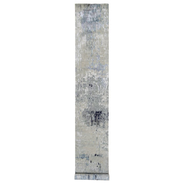 Gray Wool and Silk Modern Abstract Design Hand Knotted XL Runner Rug, 2'7"x17'8"