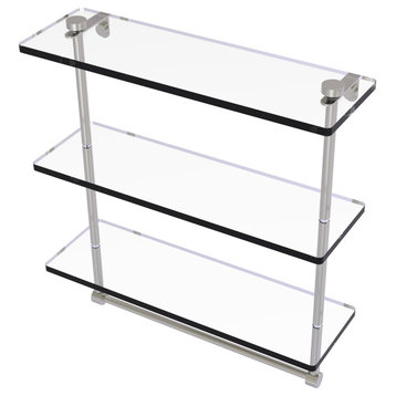 16" Triple Tiered Glass Shelf with Integrated Towel Bar, Satin Nickel