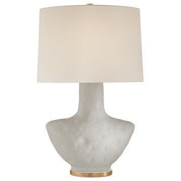 Armato Small Table Lamp in Porous White Ceramic with Oval Linen Shade