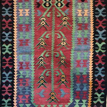 Vintage Turkish Kilim Area Rug, 6x3 Black Blue Red Bedroom Outdoor Patio Tribal