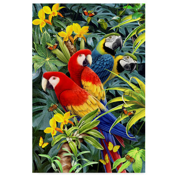 "Parrot Sitting In Flowers" by Howard Robinson, Canvas Art