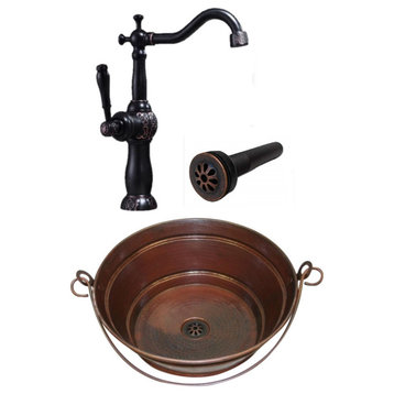 15" Round Copper Bucket Vessel Sink Daisy Drain & Clayborne ORB Faucet Included