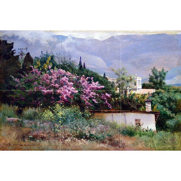 Tile Mural Landscape, Flowering Trees and Mountains, Ceramic Glossy